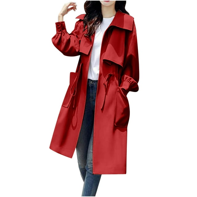 Htigea Longs Trench-Coats pour Femmes Tendance Coupe-Vent Légers Vestes d'Automne Extérieures avec Poches Rouge m