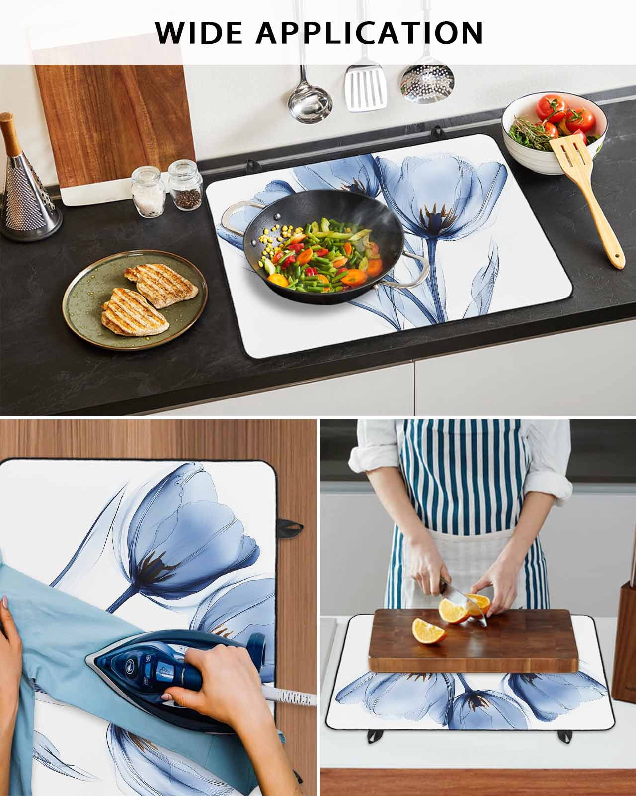 nqOlkjepod Large Induction Cooktop Protector Mat 36"x21", Blue Flowers Stove Top Covers for Electric Stove, Simple Gradient Tulip Floral Branches Stove Burner Cover Mats, Glass Top Stove Cover