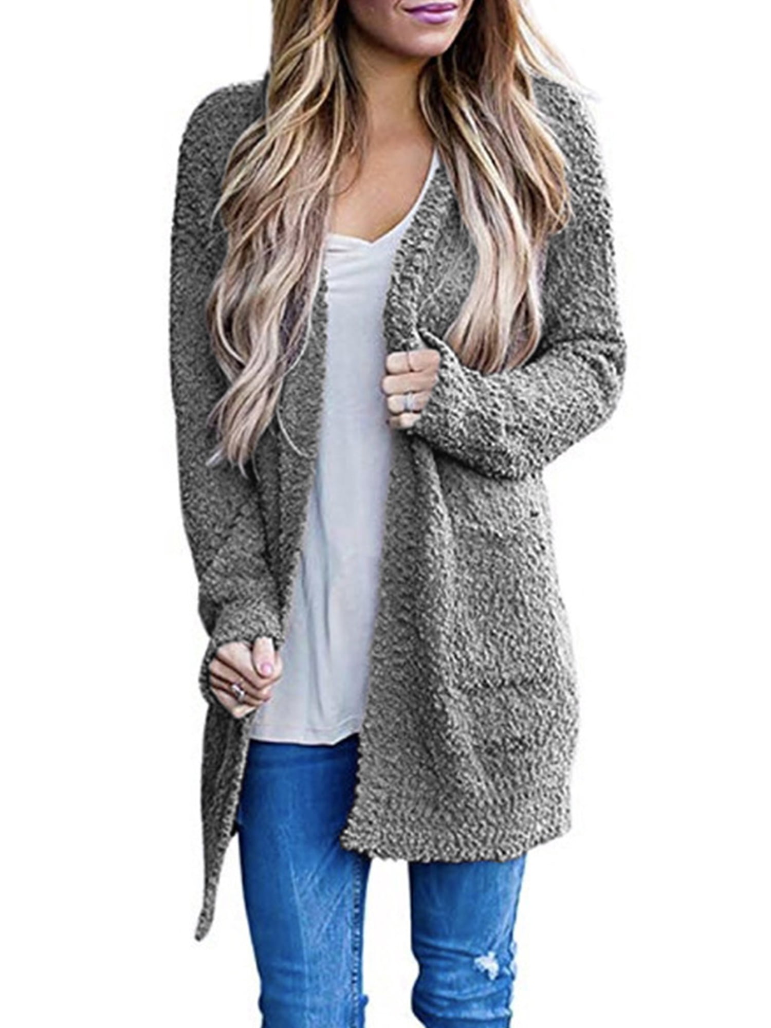 Colourful Womens Long-Sleeve Knit Pocket Open-Front Mid-Long Knit Cardigan