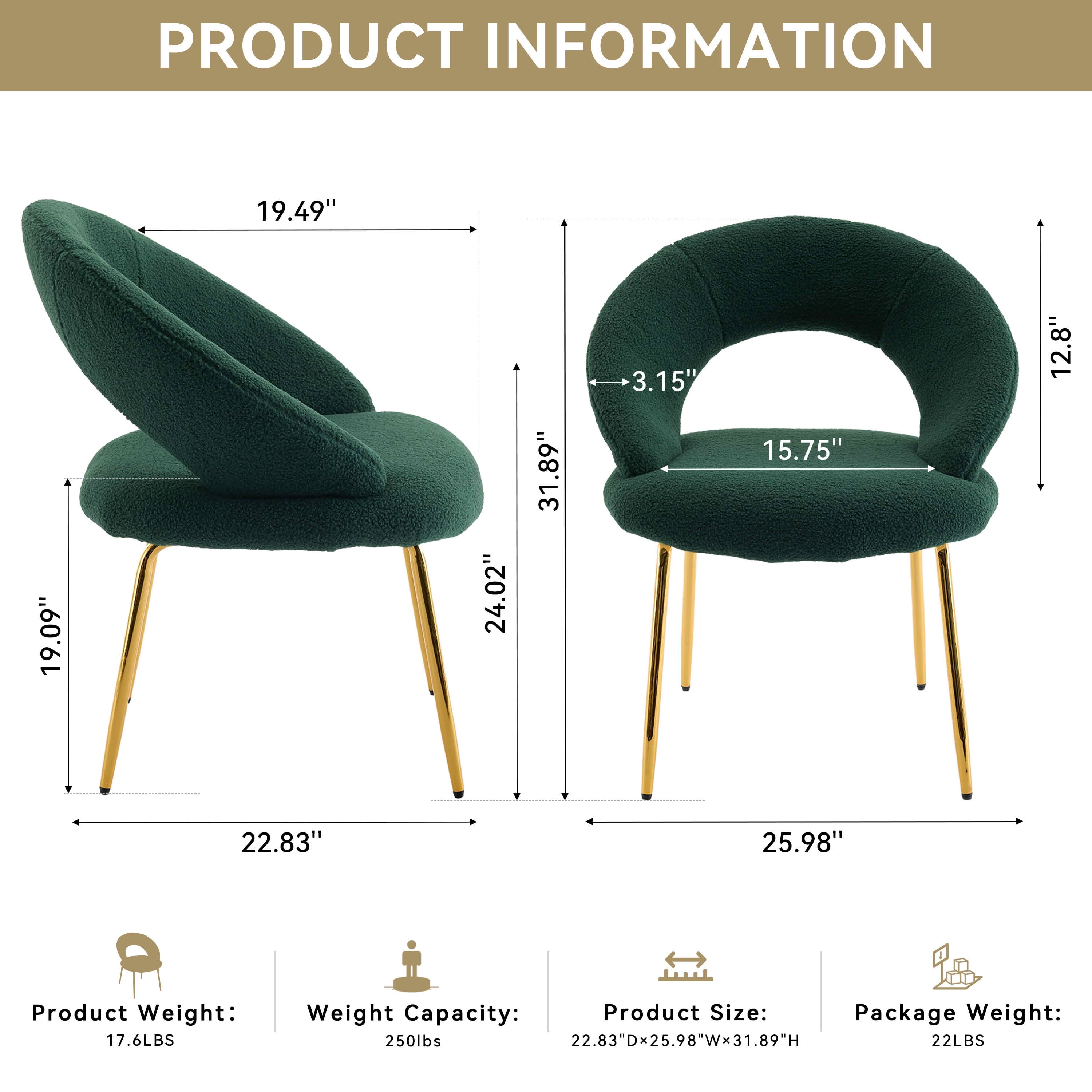 MAYEERTY Set of 1 Teddy Fabric Dining Chair, Curved Backrest & Golden Metal Legs, for Kitchen & Dining Room, Green