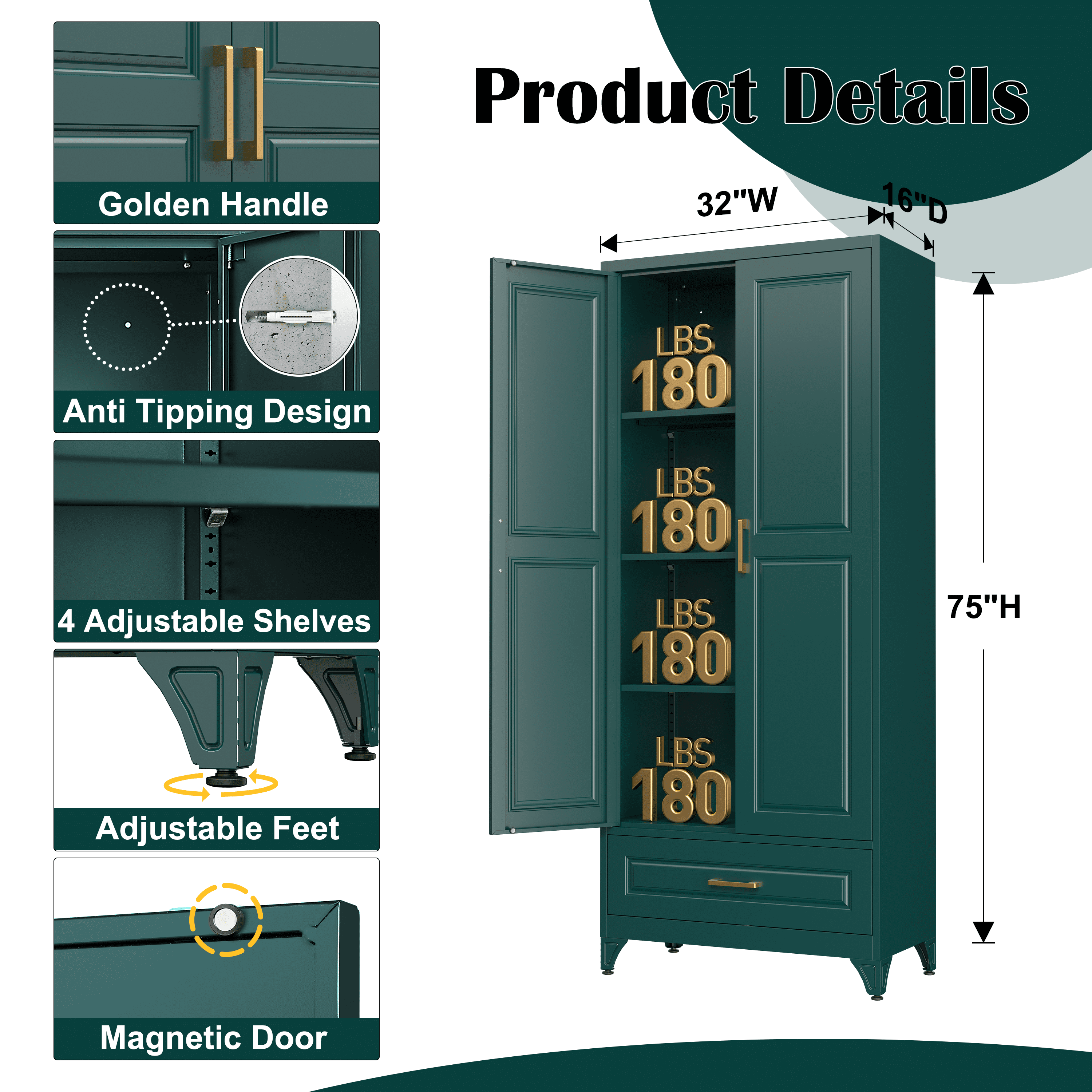 Polup 75"H Kitchen Pantry Cabinet with Drawer, Green Metal Storage Cabinets with Doors, Kitchen Pantry Cabinet, Adult, Food Cupboard with Doors