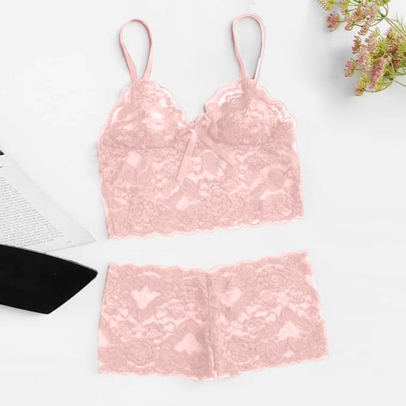 Huowey Women Sports Bra Sleepwear Fashion Lingerie Set Lace Spaghetti Strap Tank Top With Shorts Pajamas 2 Piece Underwear Comfortable Lingerie,Pink,L