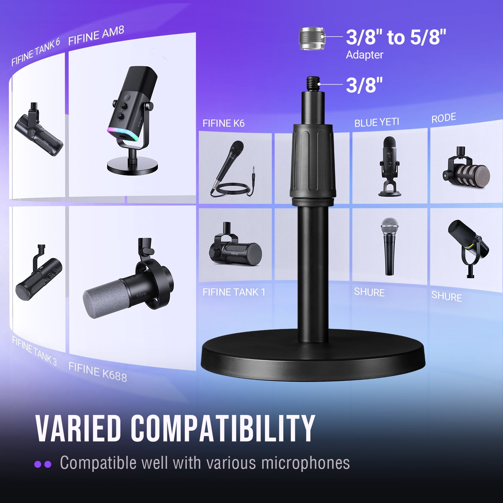 FIFINE Desktop Base Stand for Microphone, Heavy-Duty Adjustable Microphone Stand for 5.5in to 8.26in Heigh, 3/8" to 5/8" Adapter for Gaming Streaming
