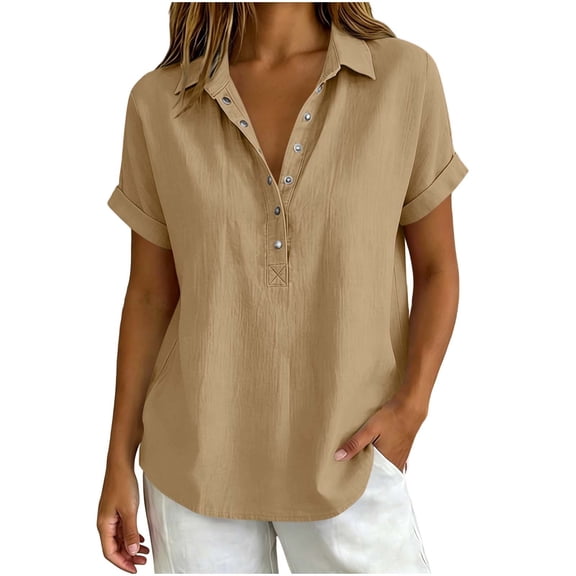 GUACER Women's Short Sleeve Cotton Linen Shirt Button Down Collared Blouse, Breathable Summer Top