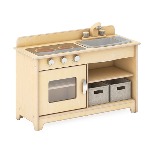 Guidecraft EdQ Kids’ Kitchen Stove, Sink and Oven Set - Natural: Wooden Montessori Kids’ Kitchen Playset, Pretend Play Toy w/ Realistic Knobs, Storage Shelves & Bins for Dramatic Play Accessories