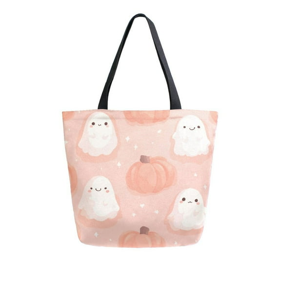 Open Top Canvas Tote Bag with Zipper Reusable Shopping Bag 13.5x15" Roomy Carryall Light Pink Ghosts and Pumpkins