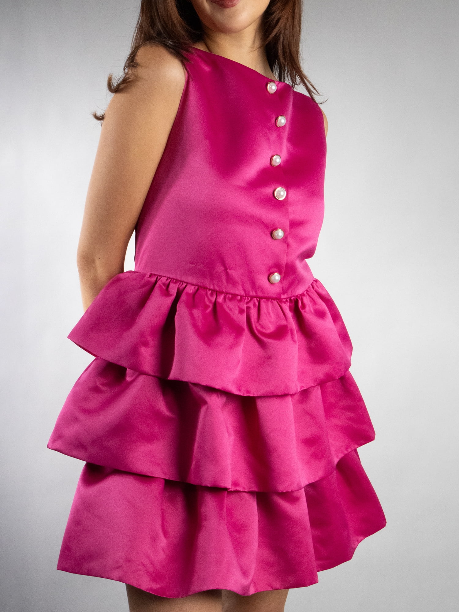 DARING DIVA Women's Elegant Boat Neck Tiered Mini Dress XS Fuchsia Pink