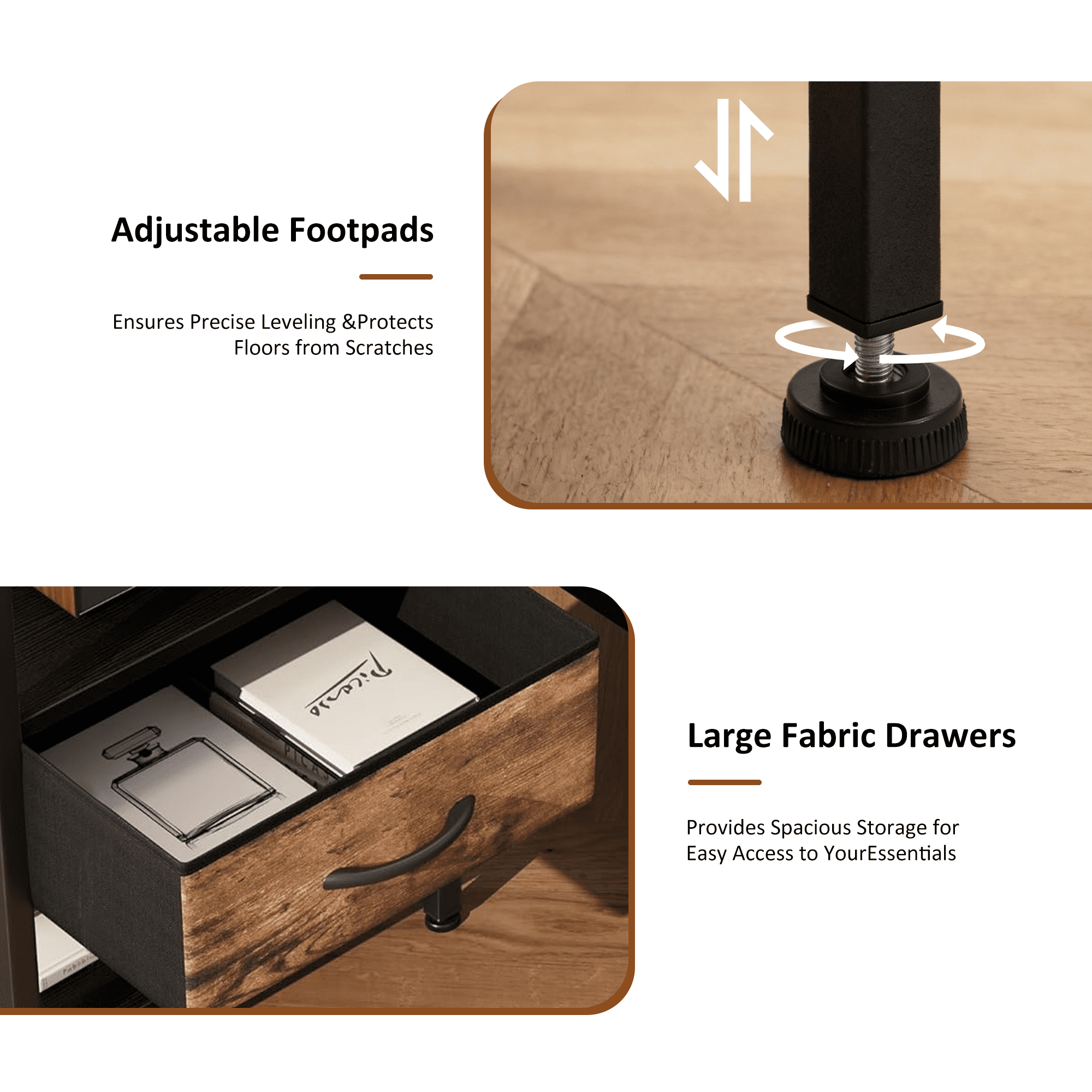 LIFERECORD Nightstand Set of 2 with 2 Fabric Drawers, Nightstand with Charging Station, End Tables with Storage Shelf for Small Spaces, Bedside Table Side Tables for Bedroom, Black & Brown