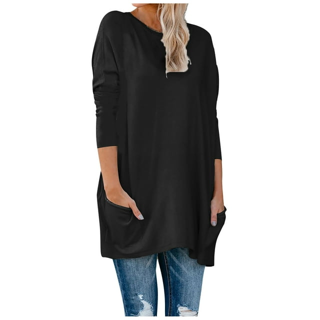 Hauts Tuniques à Porter avec des Leggings pour Femmes, Col Rond Décontracté, Manches Longues, Blouse Ample Confortable d'Automne avec Poches