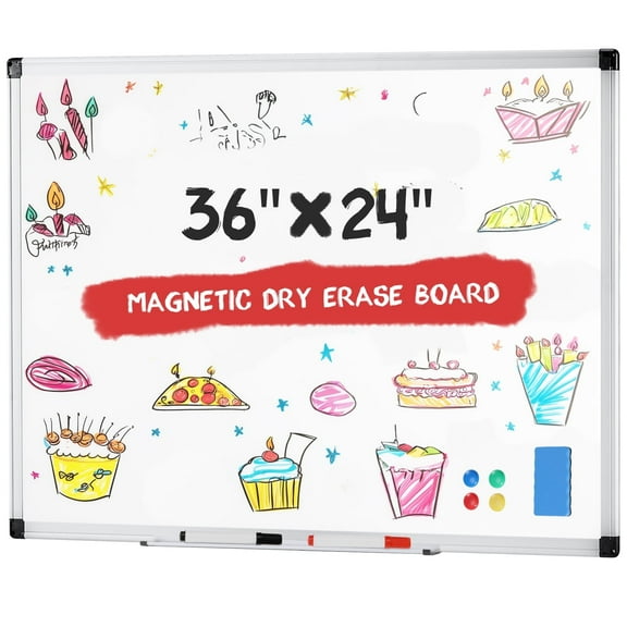MCQ Magnetic Dry Erase Board: 36 x 24 Inches, Dual Mounting Options, Left and Right Removable Pen Tray, Silver Aluminium Frame, White