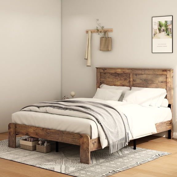 UHOMEPRO King Size Bed Frame, Vintage Platform Bed Frame with Wood Headboard and Footboard, 12 Wood Slats Support, No Box Spring Needed (Dark Brown)