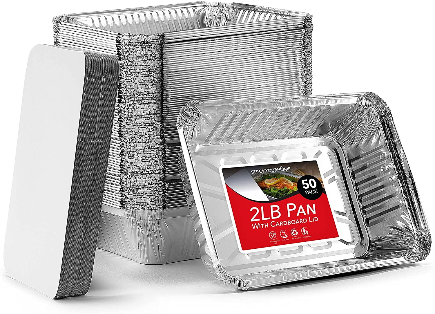 Fit Meal Prep 50 Pack 2.25 lb Aluminum Foil Pans with Cardboard Lids, 8.15  x 6.15 x 2.15” 32 oz Disposable Aluminum Baking Pan, Foil To Go Food