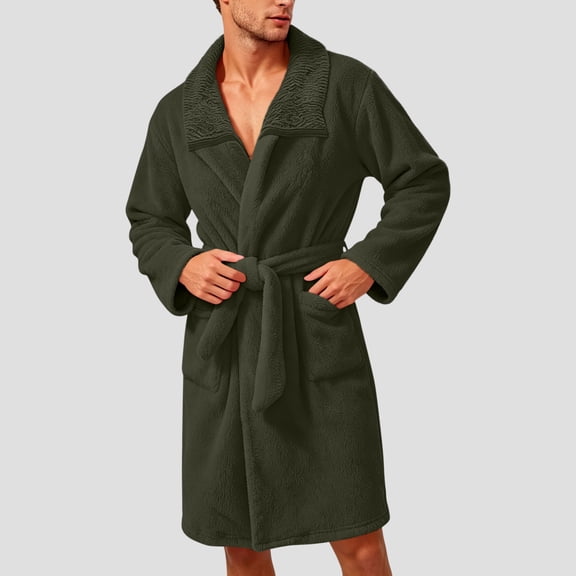 Mens Fuzzy Plush Bath Robe Warm Soft Hygroscopicity Lapel Pocket Loungewear for Men Army Green 2XL