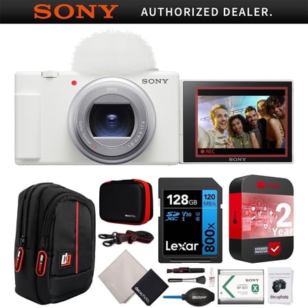 Sony ZV-1 II Vlog Camera 4K Video & 20.1MP for Content Creators & Vloggers White ZV-1M2/W Bundle w/ CPS 2 YR Extended Protection + Deco Gear Case + 128GB Card & Accessories |Official Sony Partner|