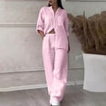 thumbnail image 6 of vigerkar Linen Two Piece Set Women Pants Casual Outfits Wide Leg Pants Long Sleeve Button Down Shirt Lounge Streetwear Sets Pink, L, 6 of 7