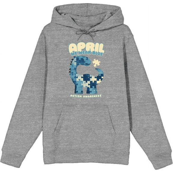 Autism Awareness Blue Dino Puzzle Icon Adult Heather Gray Long Sleeve Hoodie-3XL
