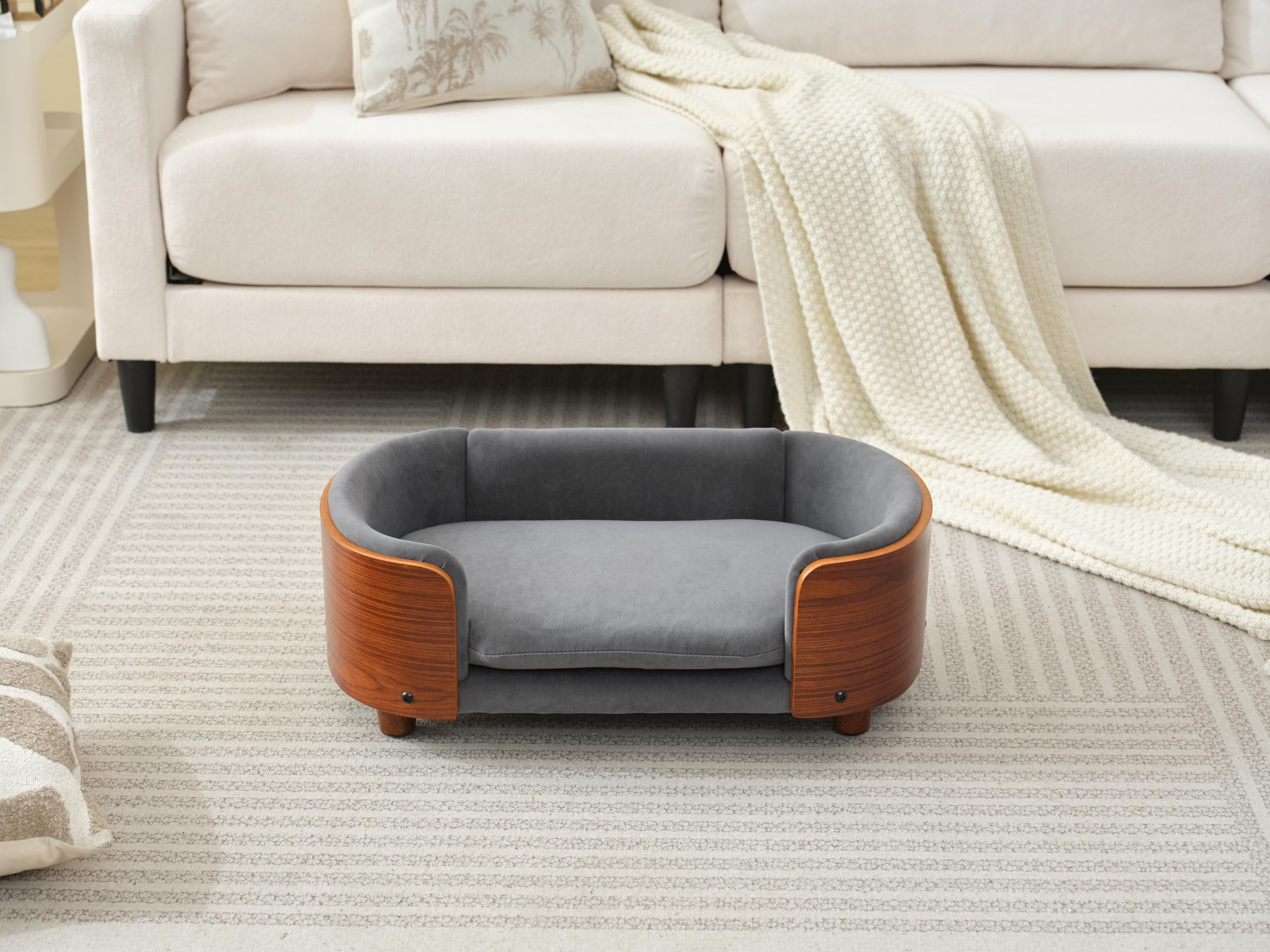 Scandinavian Style Elevated Dog Bed Pet Sofa with Solid Wood Legs and Bent Wood Back, Velvet Cushion, Small Size, Walnut Frame & Dark Grey Cushion
