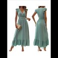 thumbnail image 3 of Vestido de Verano para Mujer, Elegante, con Escote en V, Volantes, Mangas Sueltas, Cintura Plisada, para Invitada de Boda. Verde XXL, 3 of 7
