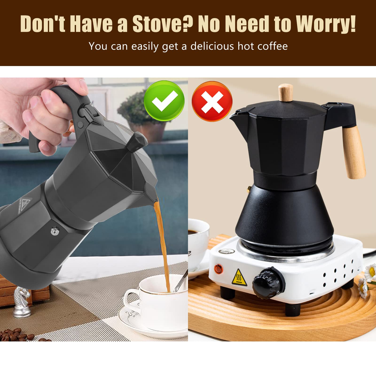 Italian Electric Moka Pot 6 Cup, Espresso Coffee Maker Machine, Portable Cafeteras Electricas for Americano Iced Coffee, Aluminum Construction, Red