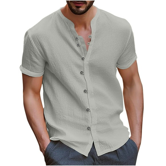 fartey Casual Cotton Linen Shirts for Men Roomy Comfy Stand Collar Tops Breathable Fitted Button Down Summer Tshirt Lightweight Soft Short Sleeve Hawaiian Beach Top