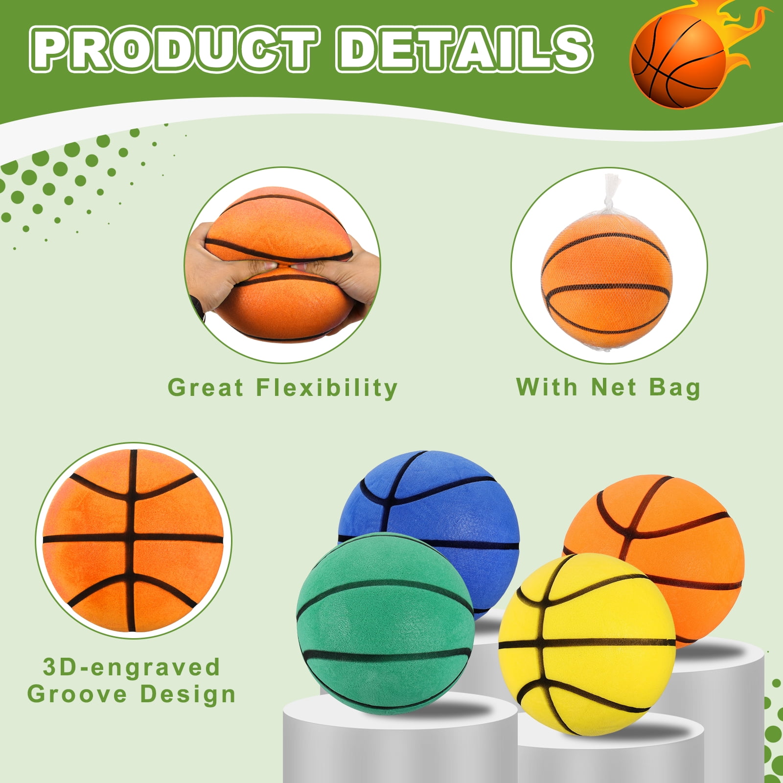 Uxcell Silent Basketball, Size 7 (9.4") Quiet Basketball High Density Foam No Noise 3D Sculpted Groove Bouncing Ball with Net Bag & Orange - Fit for (Indoor Training/Dribbling Practice)