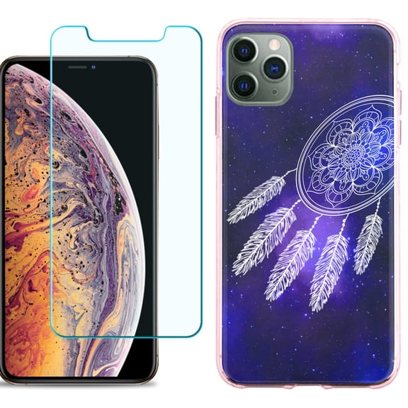 For Apple iPhone 11 Pro Max Case , Slim-Fit TPU Protective Phone Case (Pink Bezel) with Tempered Glass Screen Protector, by OneToughShield ® - Dream Catcher