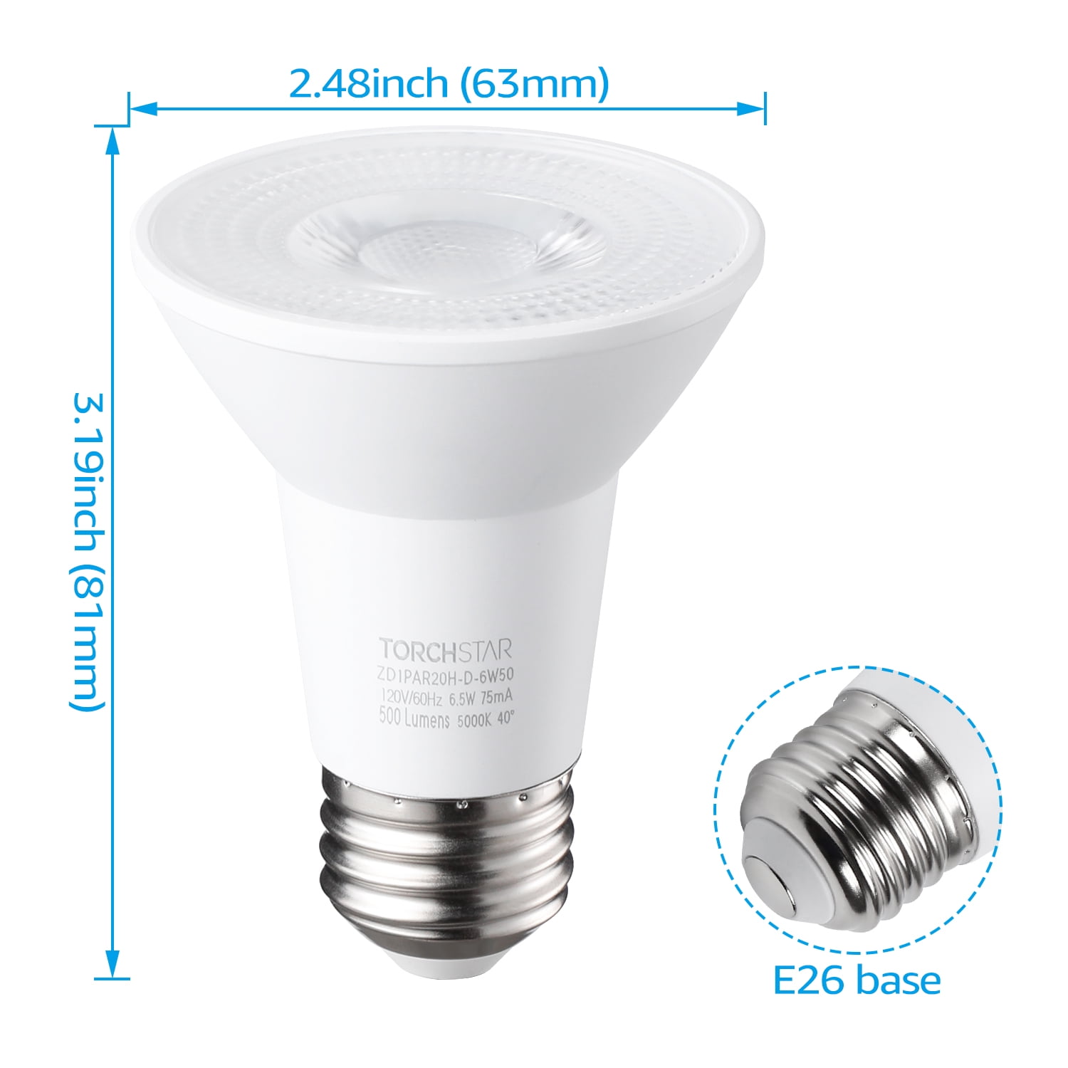 TORCHSTAR CRI90+ 5000K Dimmable PAR20 LED Spotlight Bulbs, 6.5W=50W, 500 lm Daylight, UL & Energy Star Listed Track Light Bulb for Art Gallery, Studio, Museum, Pack of 6