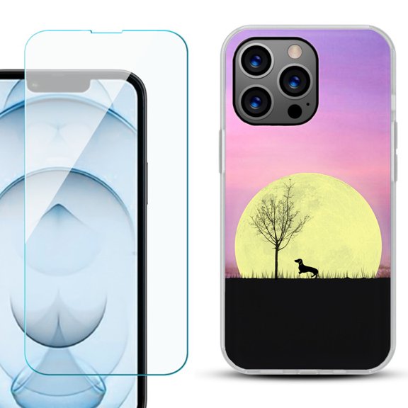 Slim-Fit Gel TPU Phone Case for iPhone 13 Pro Max, with Tempered Glass Screen Protector, by OneToughShield ® - Moonlight Dachshund