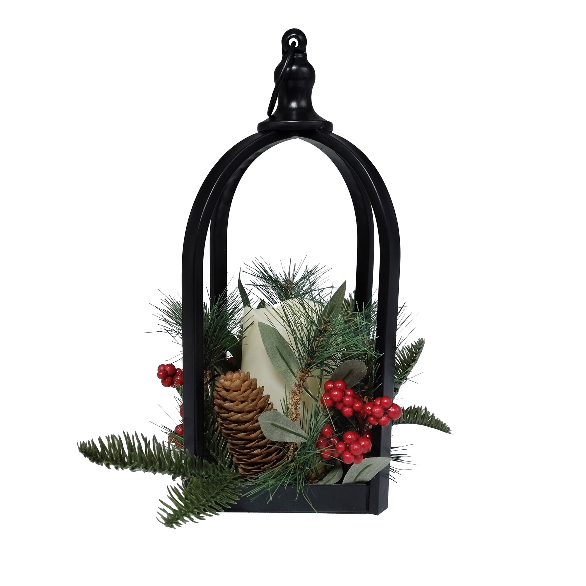 Lanterne noire en métal Holiday Time avec verdure et baies rouges