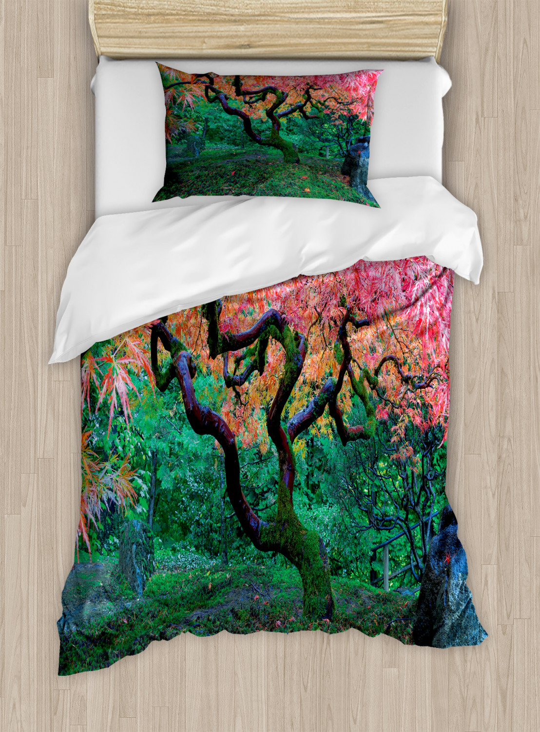 Japanese Duvet Cover Set, Aged Red Leaf Maple with Moss Asian Garden