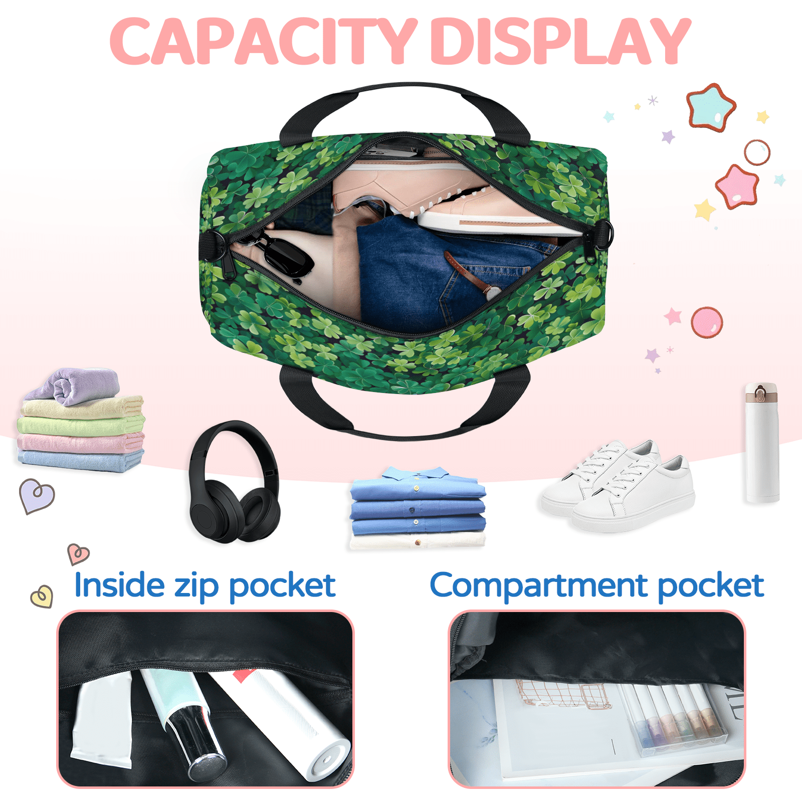 Herdesigns St. Patricks Day Green Irish Clover Gym Bag for Women, Duffle Bag for Travel Sport, Lightweight Waterproof Carry on Weekender Overnight Dance Yoga Workout Bags