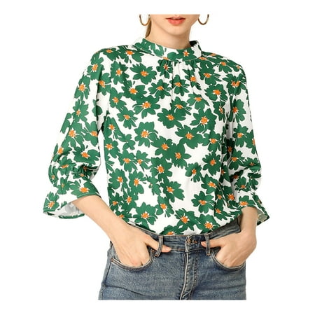 Allegra K Women's Ruffle 3/4 Sleeves Pleated Stand Collar Floral Printed Blouse Top S Green
