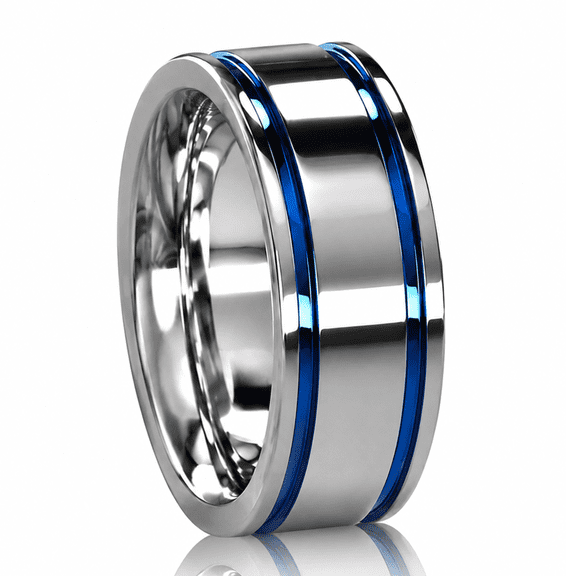 Men's 316L Stainless Steel Blue Inlay Ring, 8mm Comfort Fit