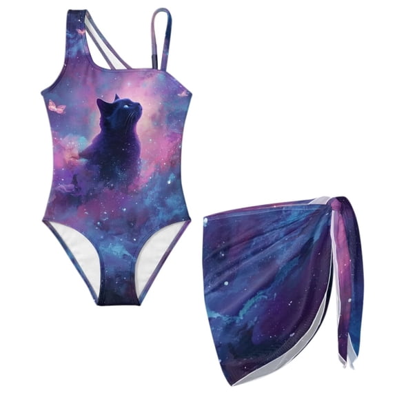 SEANATIVE Girls One Piece Swimsuit with Mesh Cover Up Skirt Cut Out Back Design 2 in 1 Bathing Suit for Beach Party Hotel Pool, Size 7-8 Years, Black Cat Butterfly Galaxy Violet