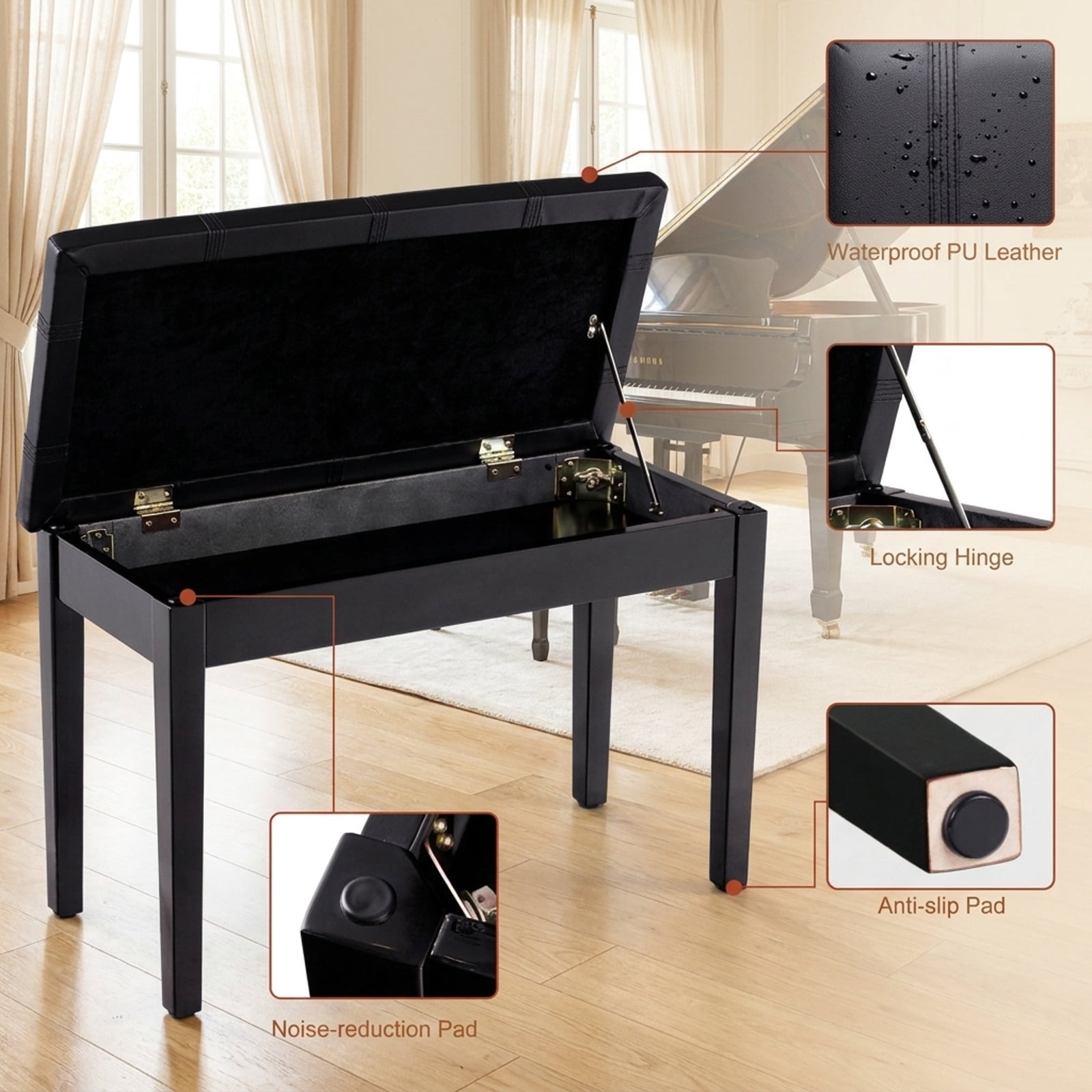 Furnibear Solid Wood Duet Piano Bench with PU Leather Padded Seat and Under Seat Storage for Two Players Keyboard Music Studio Home, Black