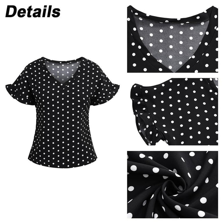  Polka Dots Black and White Women's Long Sleeve V Neck Tunic  Tops Casual Shirts Loose Fit Blouses Tees : Sports & Outdoors
