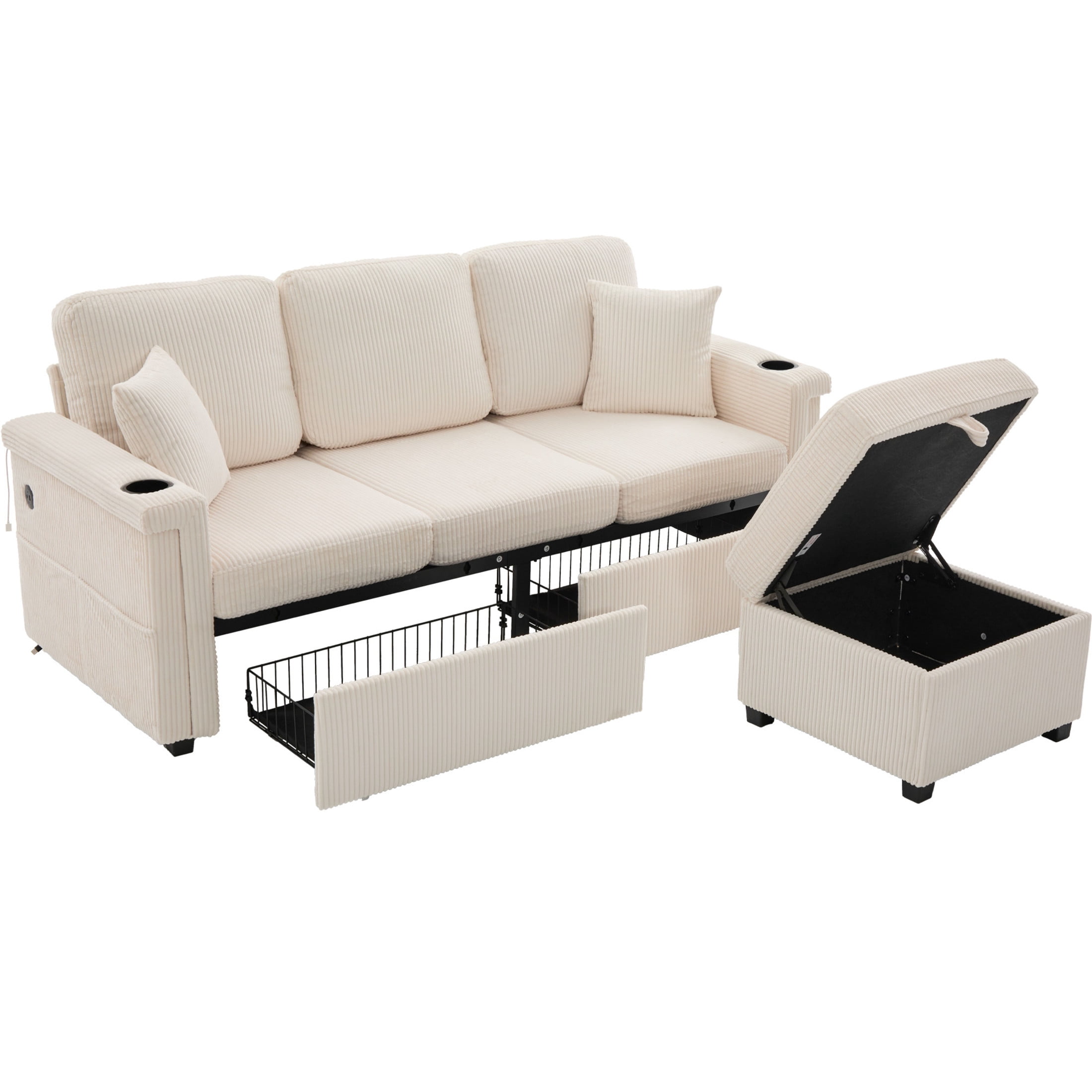 Noble House Elena 4-Seater L-Shaped Corduroy Sectional Sofa with Pull-Out Storage, Ottoman for Living Room, Beige