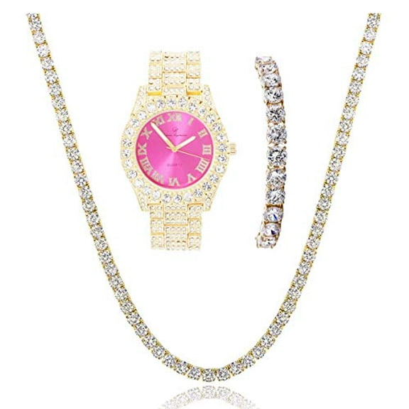 Charles Raymond Women's Big Rocks Colored Dial with Roman Numerals Fully Iced Out Wristwatch and Blinged Out Sparkling Tennis Necklace & Bracelet Jewelry Set - ST10327LA 3pc Set (Gold Hot Pink)