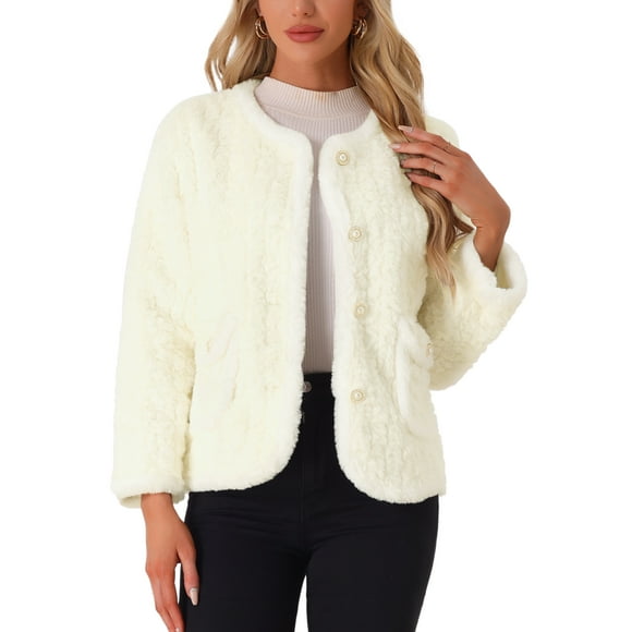 Abrigos de piel sintética INSPIRE CHIC para mujer, abrigo elegante de invierno de felpa de un solo botón, blanco, talla L
