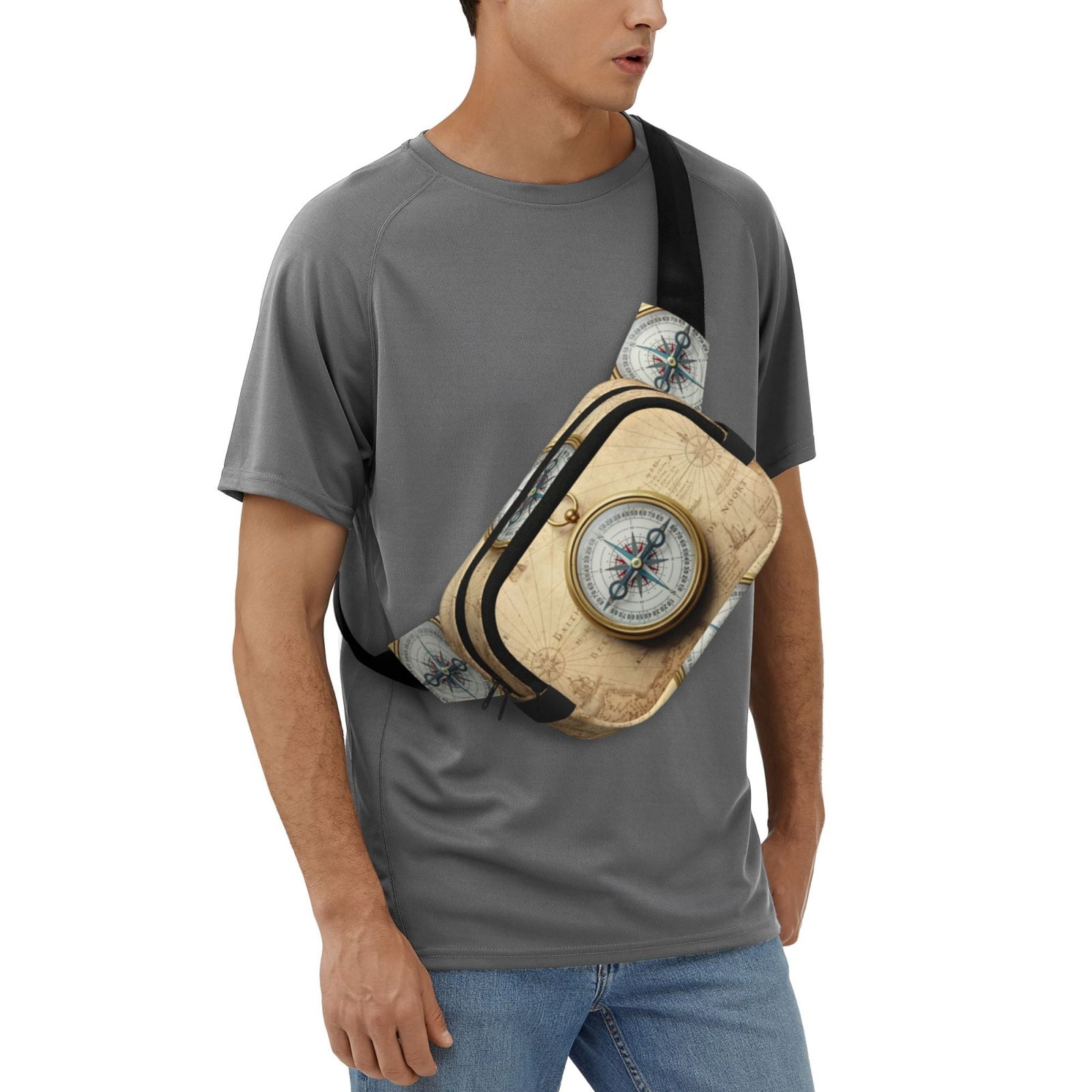 Picia Magnetic Old Compass On World Map Print Square Double-Layer Waist Bag Mini Adjustable Waist Belt Bag Exercise Running Travel Hiking