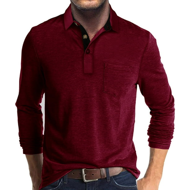 Blusa y camisa de manga larga con cuello vuelto para hombre, estilo casual, con bloques de color, de poliéster y manga larga.