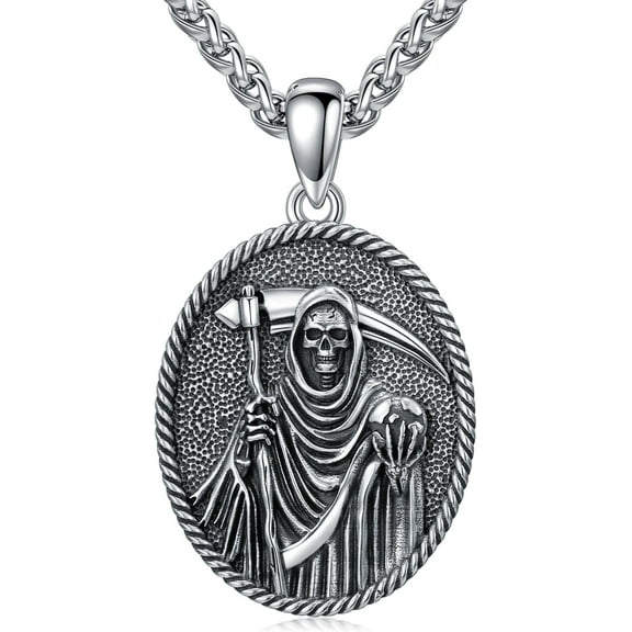 DVEATR Santa Muerte Necklace 925 Sterling Silver Grim Reaper Pendant Necklace Jewelry Gifts for Men Women