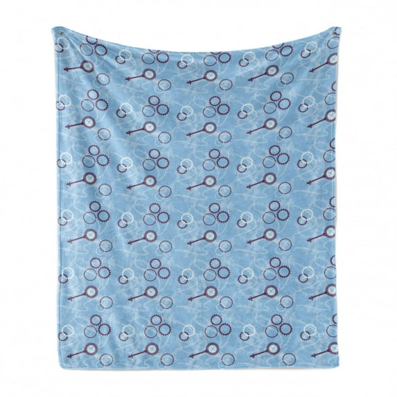Steampunk Soft Flannel Fleece Blanket, Key Gears Wheels and Chain Illustration Vintage Industrial Pattern, Cozy Plush for Indoor and Outdoor Use, 70" x 90", Pale Blue White Eggplant, by Ambesonne