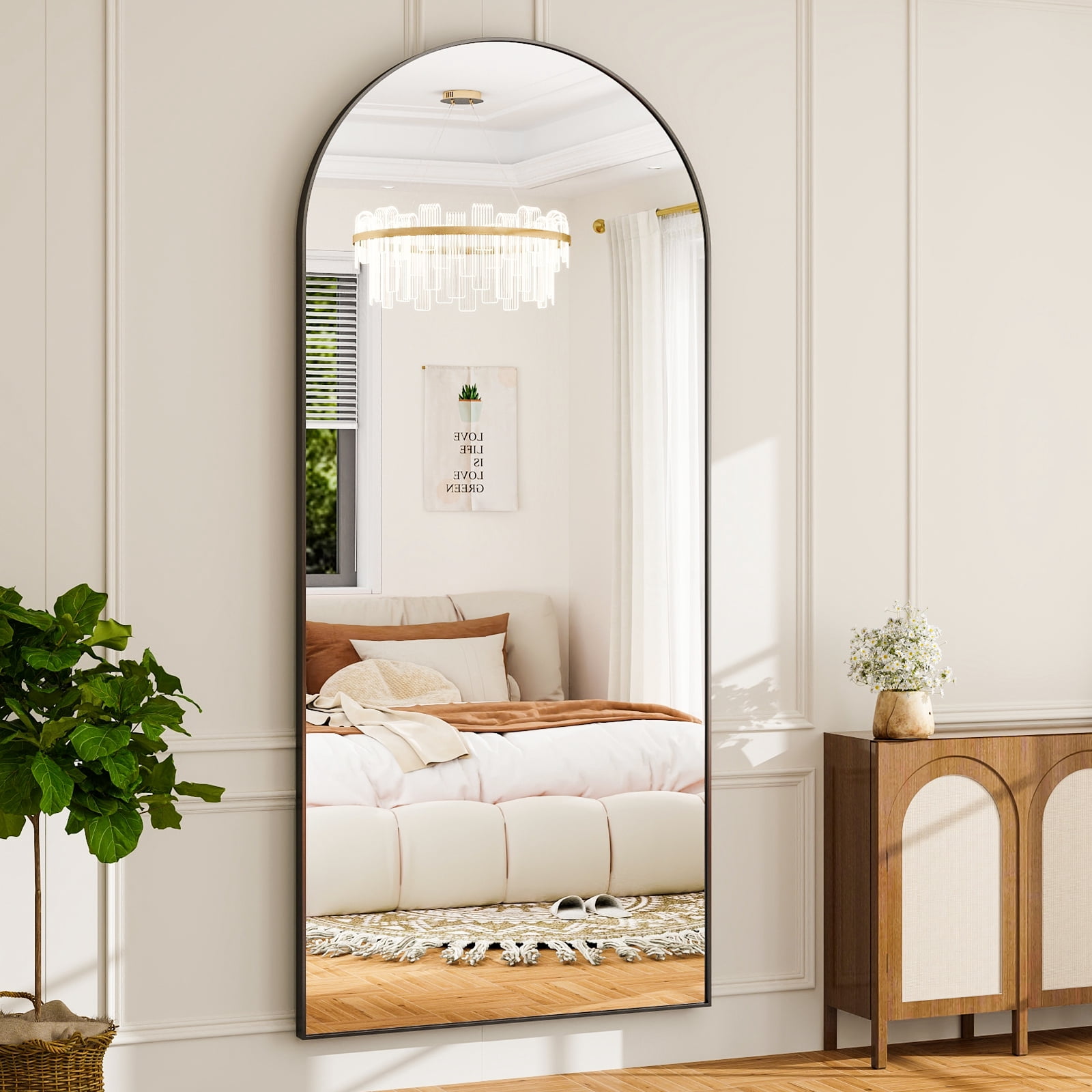Anyrose 71.3"x30" Arched Floor Mirror Wall-Mounted Leaning Mirror with Metal Frame, Black