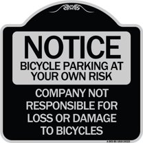 SignMission Designer Series Sign - Bicycle Parking at Your Own Risk Company Not Responsible for Loss or Damage to Bicycles | Black & Silver 18" X 18" Heavy-Gauge Aluminum Architectural