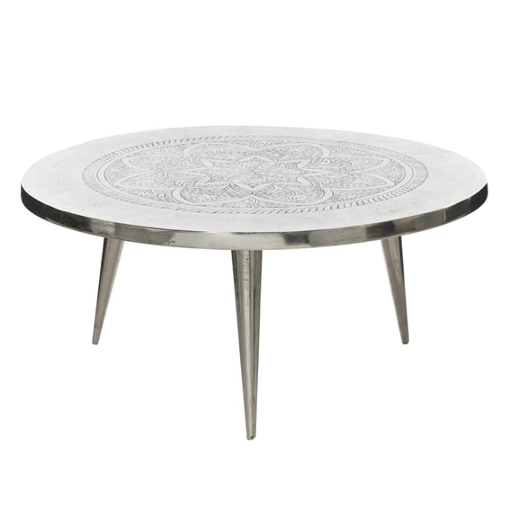 DecMode Traditional Aluminum Round Coffee Table with Etched Lotus Embled Design and Polished Silver Finish, 35"W x 16"H