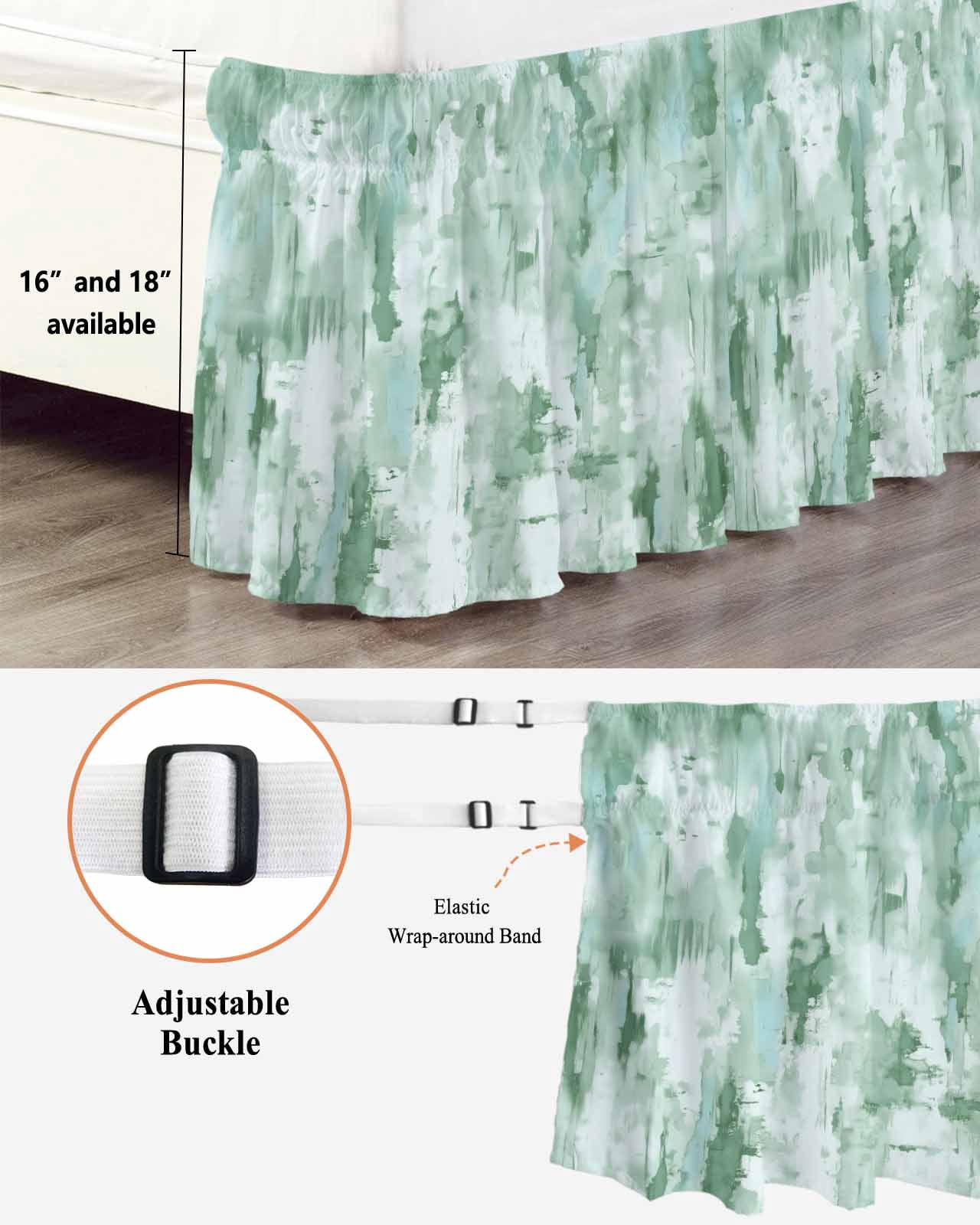 Green Abstract Wrap Around Bed Skirts for Queen Bed 18" Drop,Bed Skirt with Adjustable Elastic Belt Dust Ruffle Bed Valance for Bedroom Hotel Modern Oil Painted Art Contemporary Bed Frame Cover