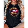 thumbnail image 1 of Regular Size Casual T-Shirt with Leopard Print & Glitter Lips Design - Women's Short Sleeve Crew Neck Tee with Slight Stretch, Cotton Blend, Geometric Pattern, Spring/Summer Pullover Top, 1 of 6