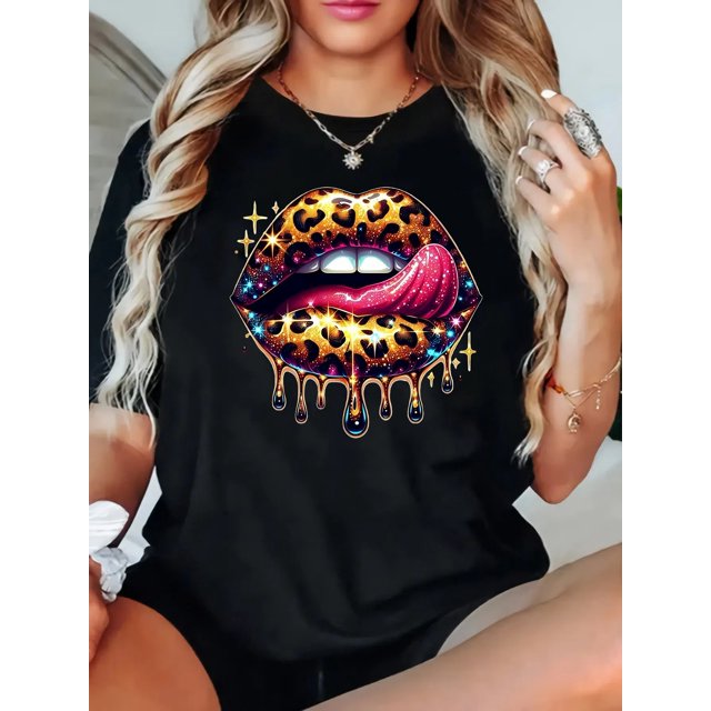 Regular Size Casual T-Shirt with Leopard Print & Glitter Lips Design - Women's Short Sleeve Crew Neck Tee with Slight Stretch, Cotton Blend, Geometric Pattern, Spring/Summer Pullover Top