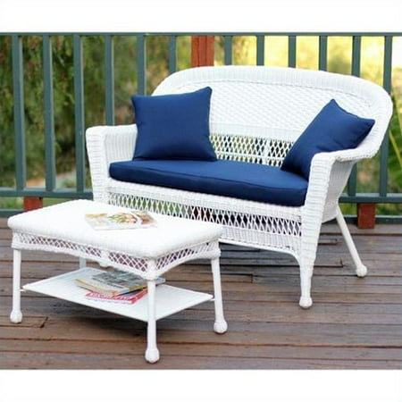 Jeco Wicker Patio Love Seat and Coffee Table Set in White with Blue Cushion